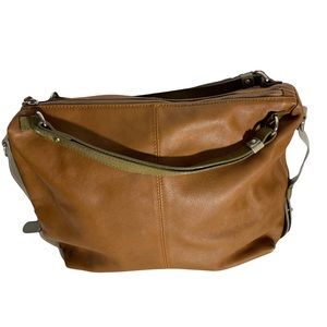 Luruena Leather Brown Shoulder Bag Zip Top Leather Handles Turquoise Silk Inside